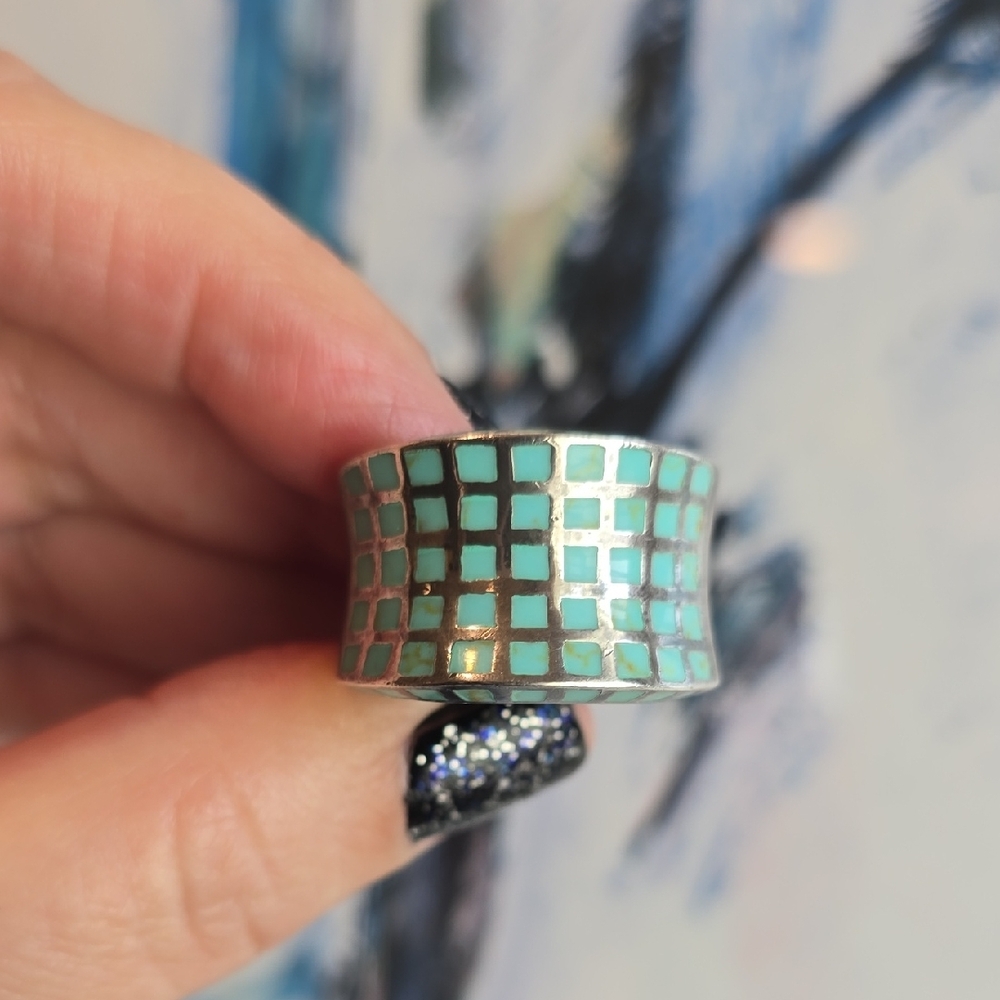 Turquoise Sterling Silver Grid Ring - image 2